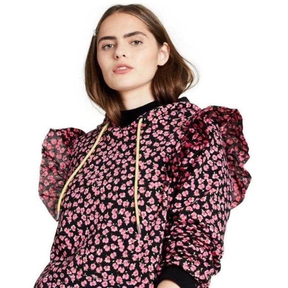 Sandy Liang S, M, L, 1X Pink Ditsy Floral Ruffle Hooded Hoodie Sweatshirt Top - Picture 3 of 11